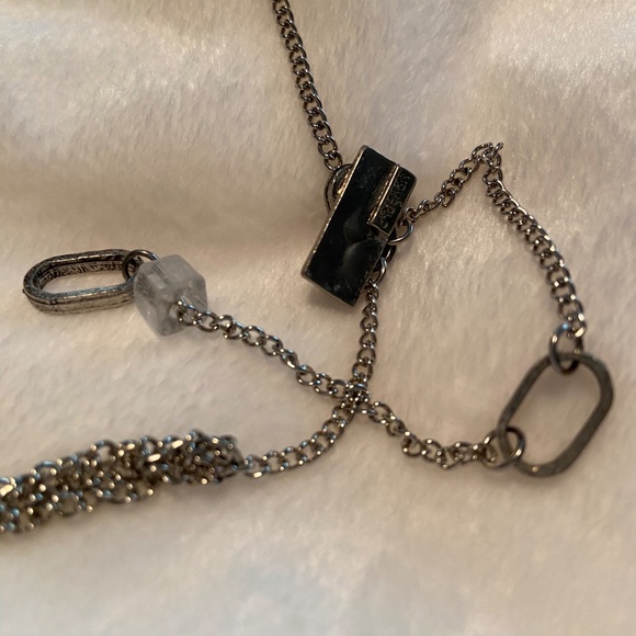 Artisan Pewter/Silver Necklace, with lucite blocks, stone in gold metal, 26” - Picture 5 of 6